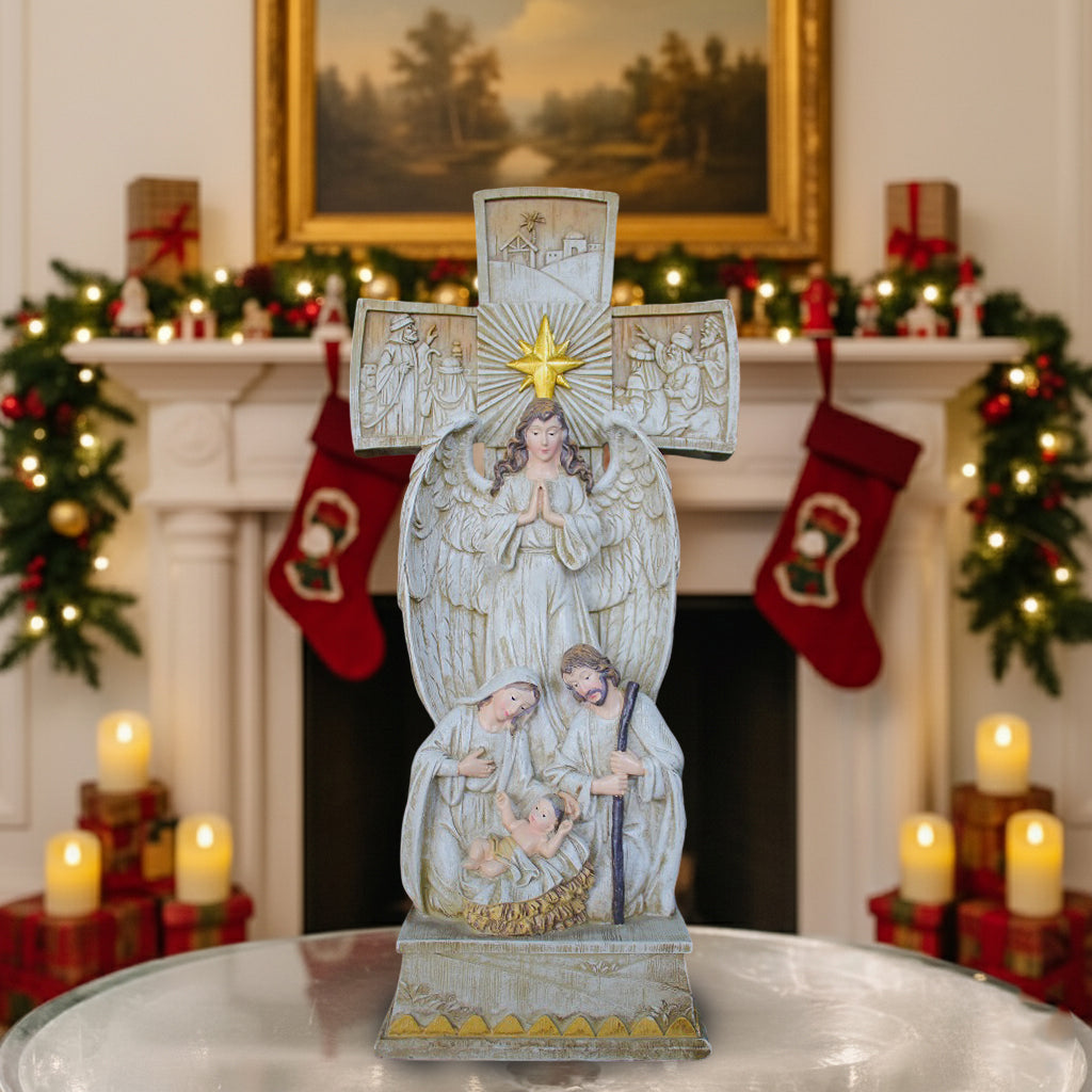 Holy Family Nativity Scene with Cross and Angel, Christmas Religious Figurine, Mary Joseph Baby Jesus Decor, Faith Home Display, Gift Idea